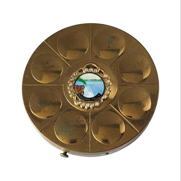 Vintage Souviner Enamel &amp; Rhinestone Niagara Falls Powder Compact Mirror